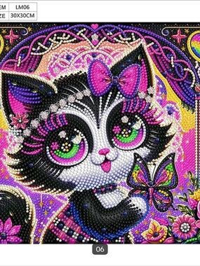 Cute Black & White Cat Diamond Art Wall Decor - Pink & Purple Accents